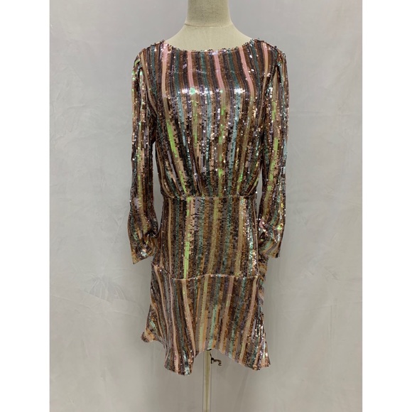 RIXO KYLA SEQUIN STRIPE Long Sleeve Mini Dress Sz M - Picture 2 of 10